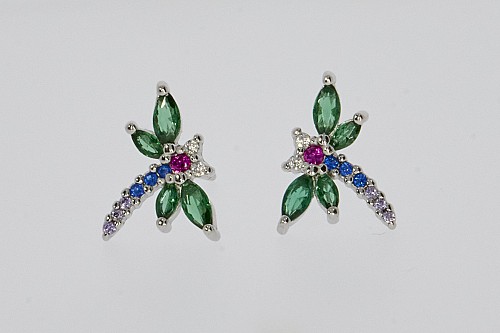 Ezüst fülbevaló - Szitakötő színes