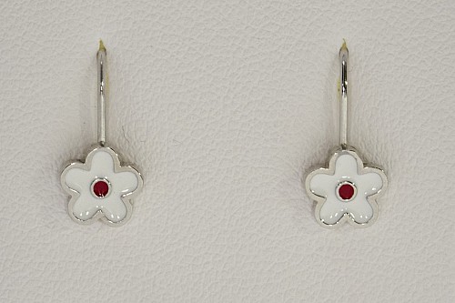 Ezüst gyerek fülbevaló - Virág fehér tűzzománccal
