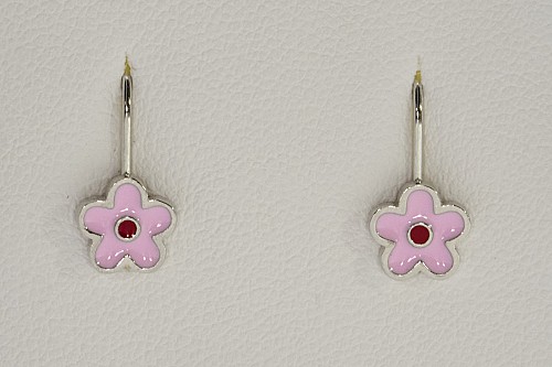 Ezüst gyerek fülbevaló - Virág rózsaszín tűzzománccal