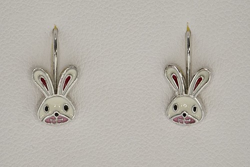 Ezüst gyerek fülbevaló - Nyuszi fehér tűzzománccal