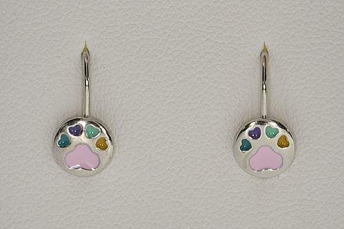 Ezüst gyerek fülbevaló - Mancs rózsaszín tűzzománccal